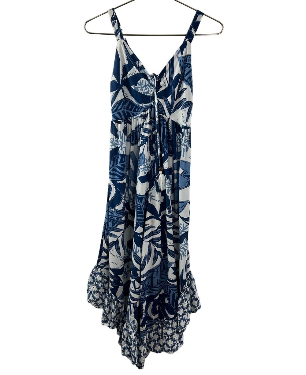 GOA Beachwear by Japna Blue White Tropical Jumpsuit Cropped Smocked Size XS
